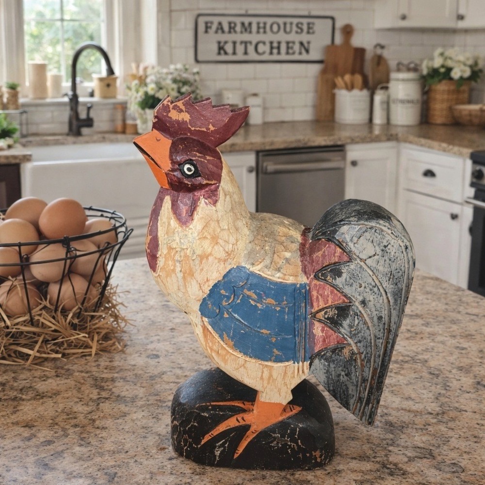 Vintage‎ Rustic Wooden Rooster Figurine Hand Painted Farmhouse Decor